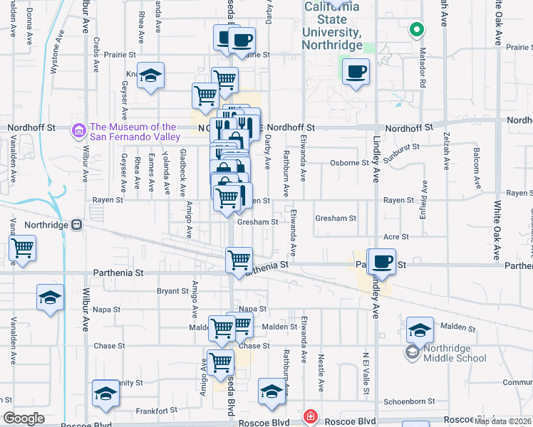 map of restaurants, bars, coffee shops, grocery stores, and more near 8822 Canby Avenue in Los Angeles