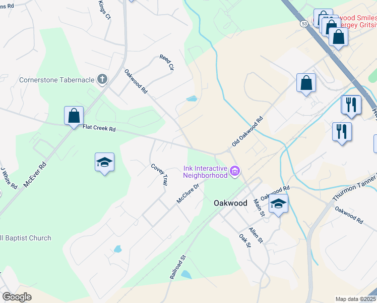 map of restaurants, bars, coffee shops, grocery stores, and more near 3909 Flat Creek Road in Oakwood