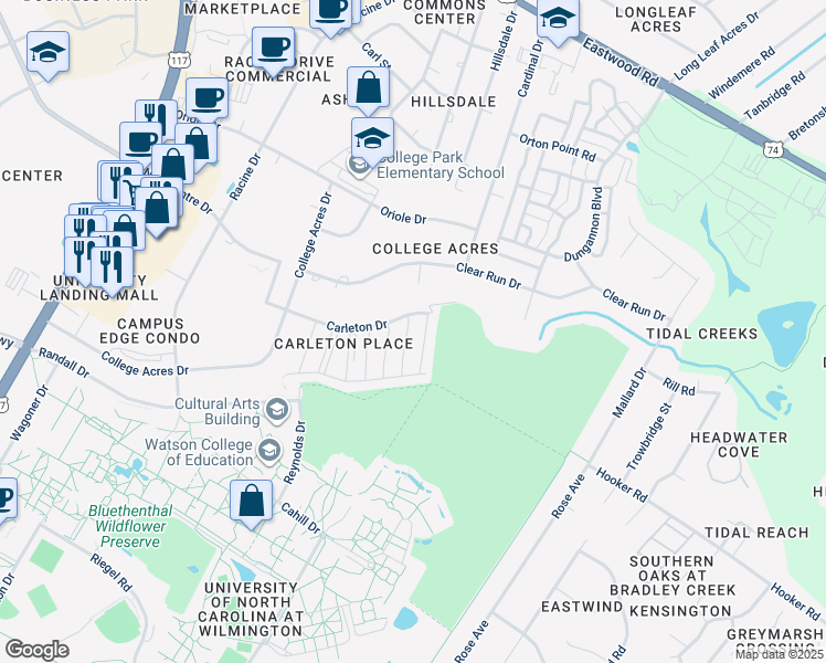 map of restaurants, bars, coffee shops, grocery stores, and more near 309 Monlandil Drive in Wilmington