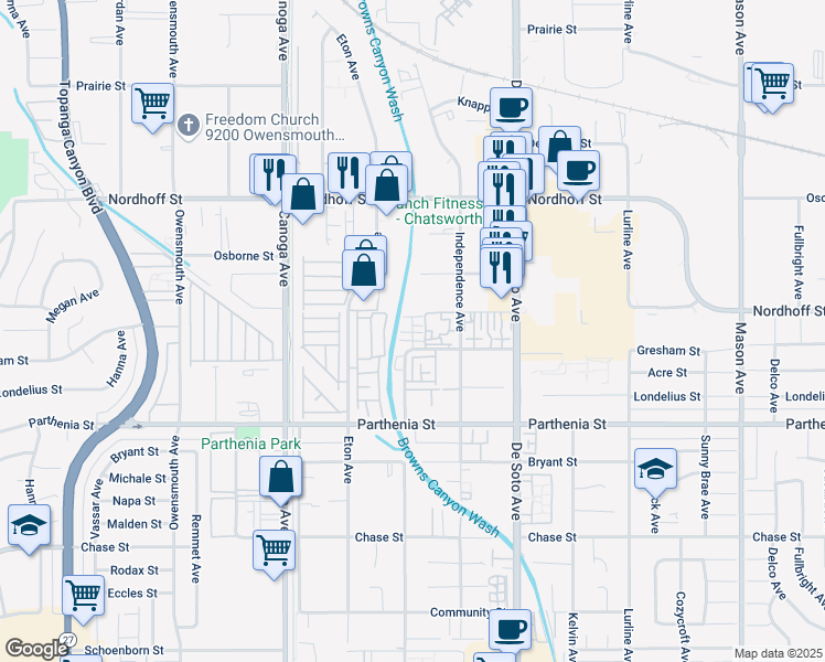 map of restaurants, bars, coffee shops, grocery stores, and more near 8800 Eton Avenue in Los Angeles
