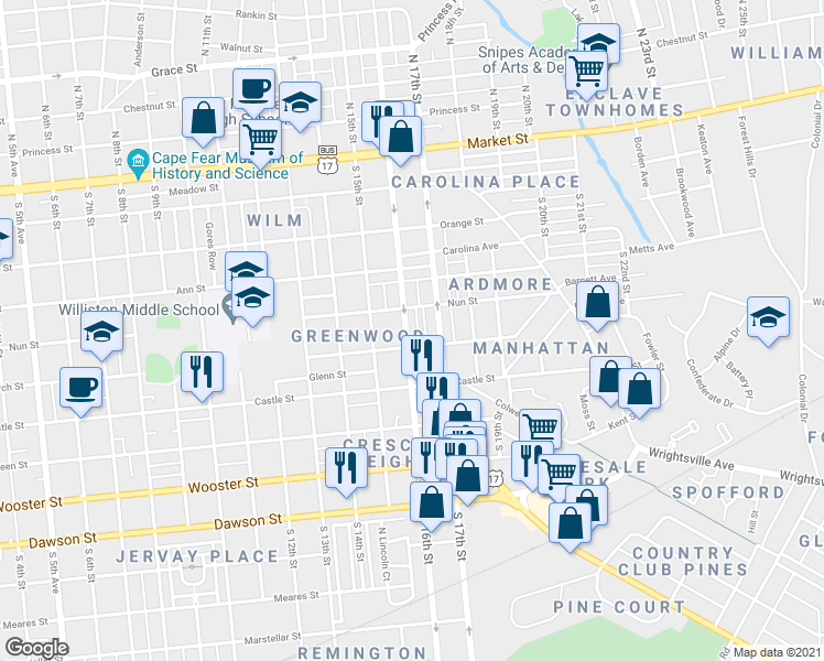 map of restaurants, bars, coffee shops, grocery stores, and more near 407 South 16th Street in Wilmington