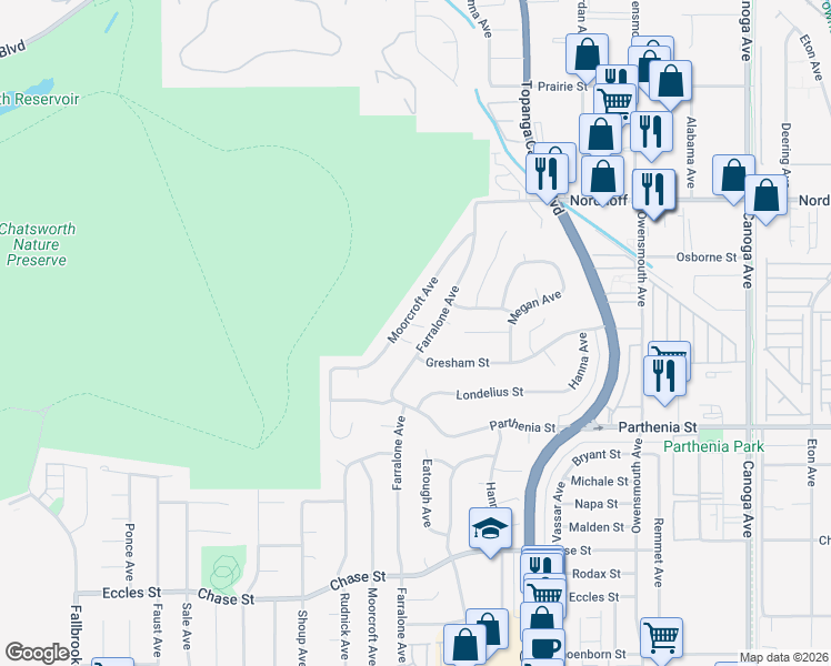 map of restaurants, bars, coffee shops, grocery stores, and more near 22158 Rayen Street in Los Angeles