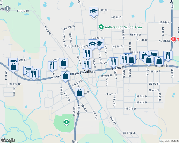 map of restaurants, bars, coffee shops, grocery stores, and more near in Antlers