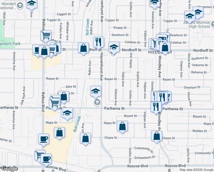 map of restaurants, bars, coffee shops, grocery stores, and more near 8835 Monogram Avenue in Los Angeles