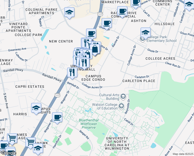 map of restaurants, bars, coffee shops, grocery stores, and more near 462 Racine Drive in Wilmington