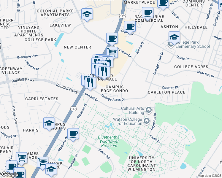 map of restaurants, bars, coffee shops, grocery stores, and more near 458 Racine Drive in Wilmington