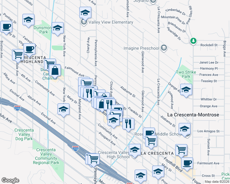 map of restaurants, bars, coffee shops, grocery stores, and more near 3100 Los Olivos Lane in La Crescenta-Montrose