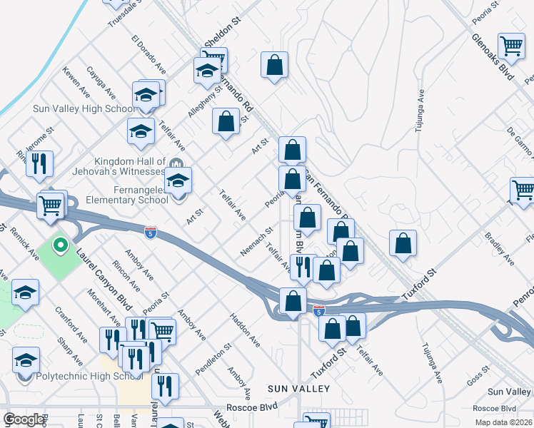 map of restaurants, bars, coffee shops, grocery stores, and more near 11800 Peoria Street in Los Angeles