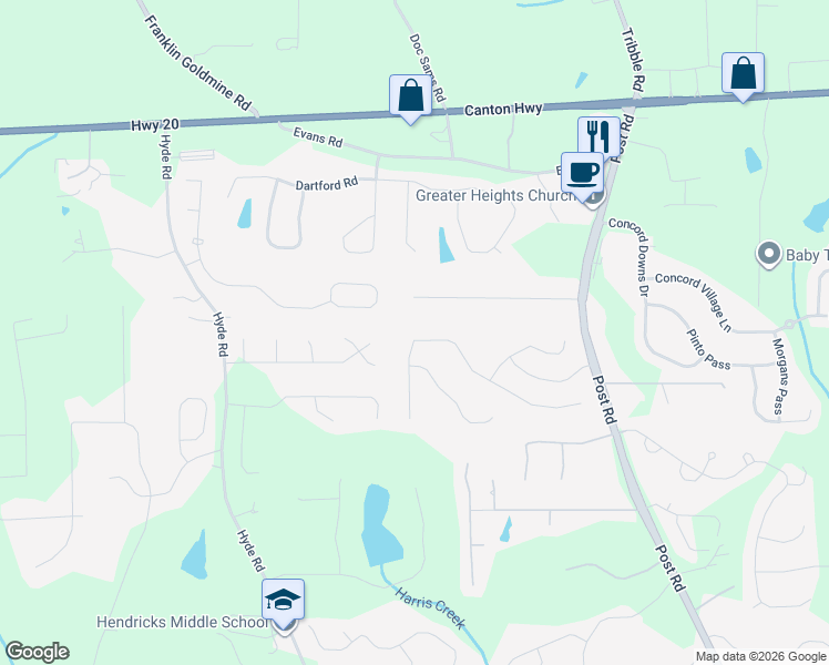 map of restaurants, bars, coffee shops, grocery stores, and more near 4320 Martel Drive in Cumming