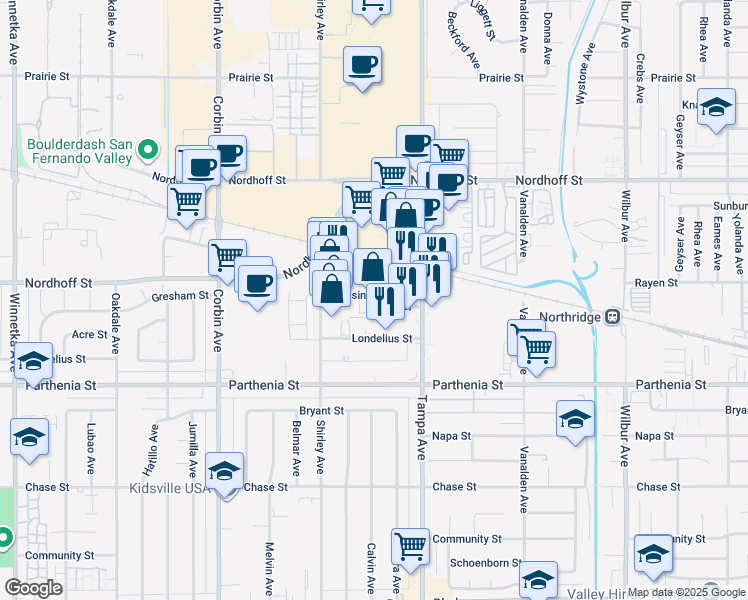 map of restaurants, bars, coffee shops, grocery stores, and more near 19356 Business Center Drive in Los Angeles