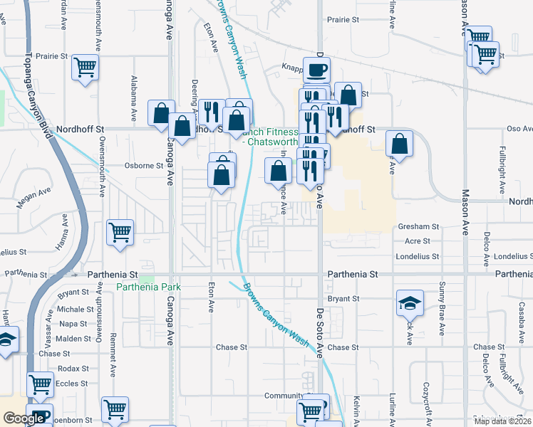 map of restaurants, bars, coffee shops, grocery stores, and more near 21019 Gresham Street in Los Angeles
