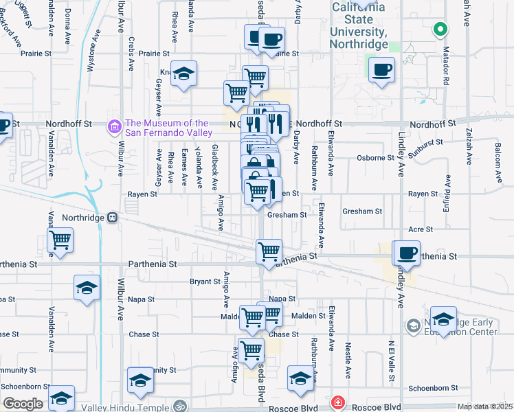 map of restaurants, bars, coffee shops, grocery stores, and more near 8824 Reseda Boulevard in Los Angeles