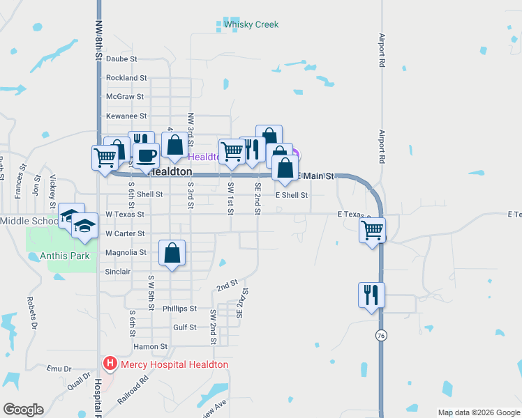 map of restaurants, bars, coffee shops, grocery stores, and more near 309 1/2 East Texas Street in Healdton