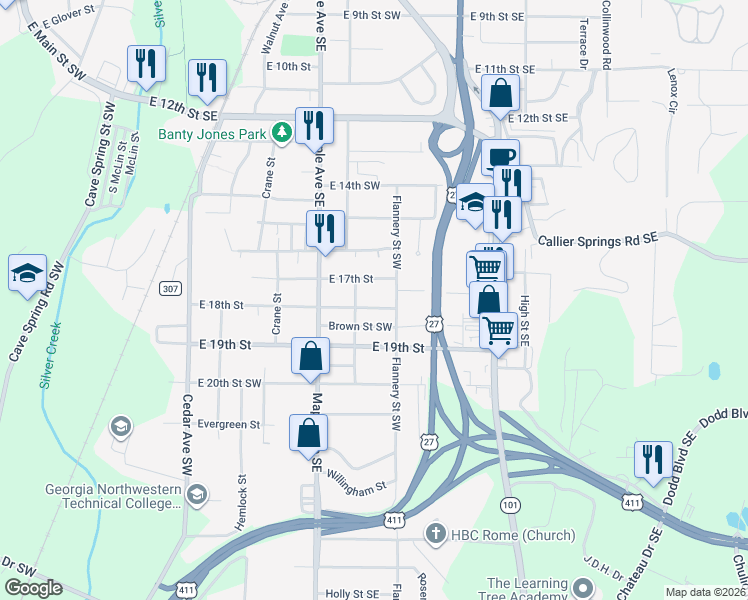 map of restaurants, bars, coffee shops, grocery stores, and more near 1705 Olmstead Street in Rome