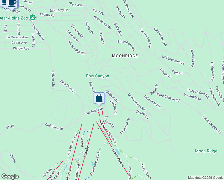 map of restaurants, bars, coffee shops, grocery stores, and more near 43290 Shasta Road in Big Bear Lake