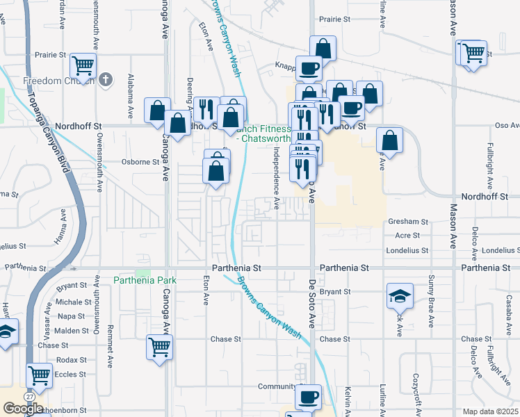 map of restaurants, bars, coffee shops, grocery stores, and more near 21011 Gresham Street in Los Angeles