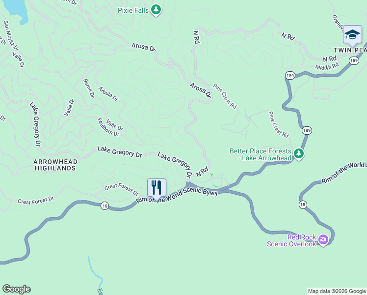 map of restaurants, bars, coffee shops, grocery stores, and more near 25291 Basel Drive in Crestline