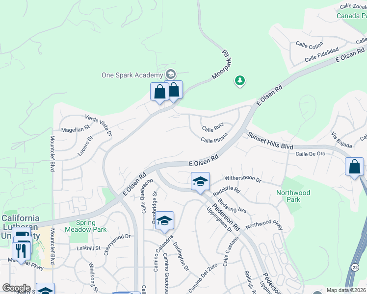 map of restaurants, bars, coffee shops, grocery stores, and more near 777 Rushing Creek Place in Thousand Oaks