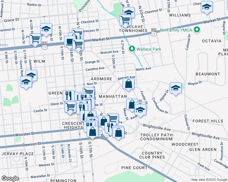 map of restaurants, bars, coffee shops, grocery stores, and more near 1929 Hudson Drive in Wilmington