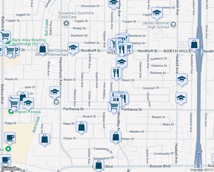 map of restaurants, bars, coffee shops, grocery stores, and more near 8840 Valjean Avenue in Los Angeles