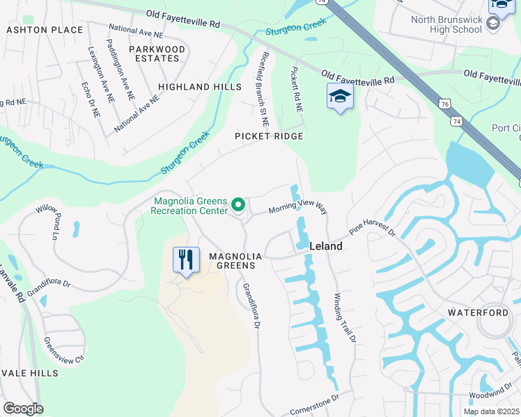 map of restaurants, bars, coffee shops, grocery stores, and more near 213 Morning View Way in Leland