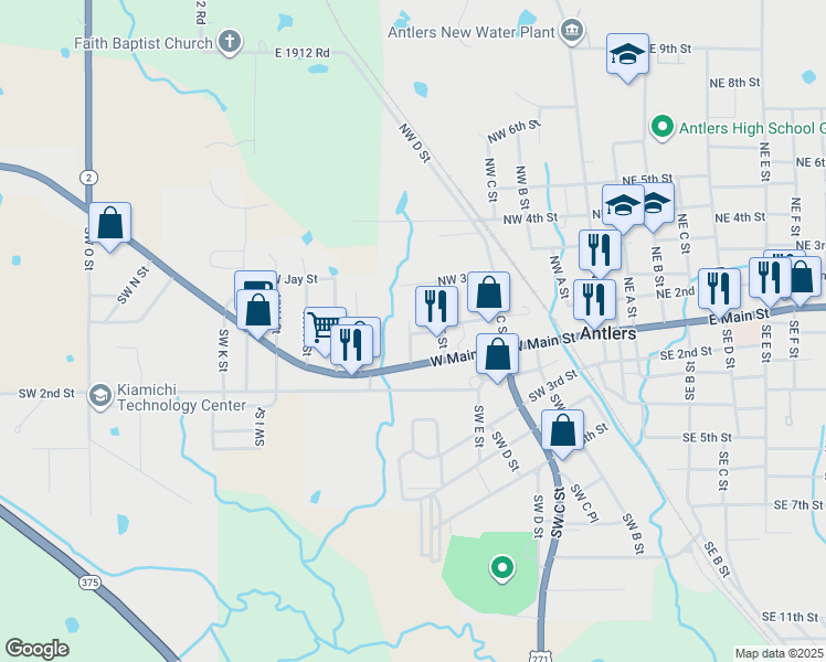 map of restaurants, bars, coffee shops, grocery stores, and more near 407 Northwest 2nd Street in Antlers