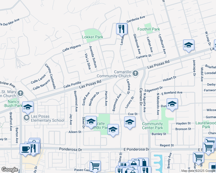 map of restaurants, bars, coffee shops, grocery stores, and more near 1000-1098 Euclid Avenue in Camarillo