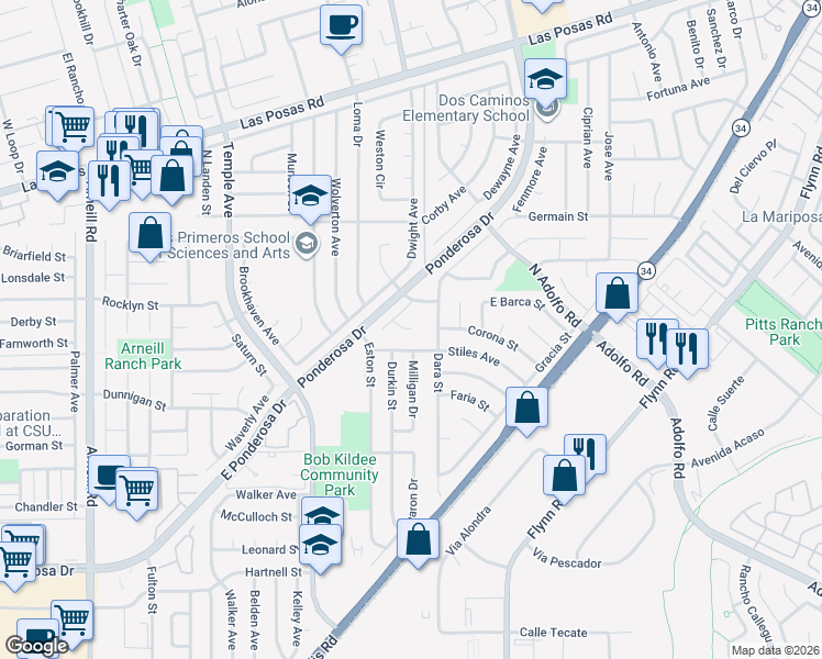 map of restaurants, bars, coffee shops, grocery stores, and more near 3120 Belair Court in Camarillo