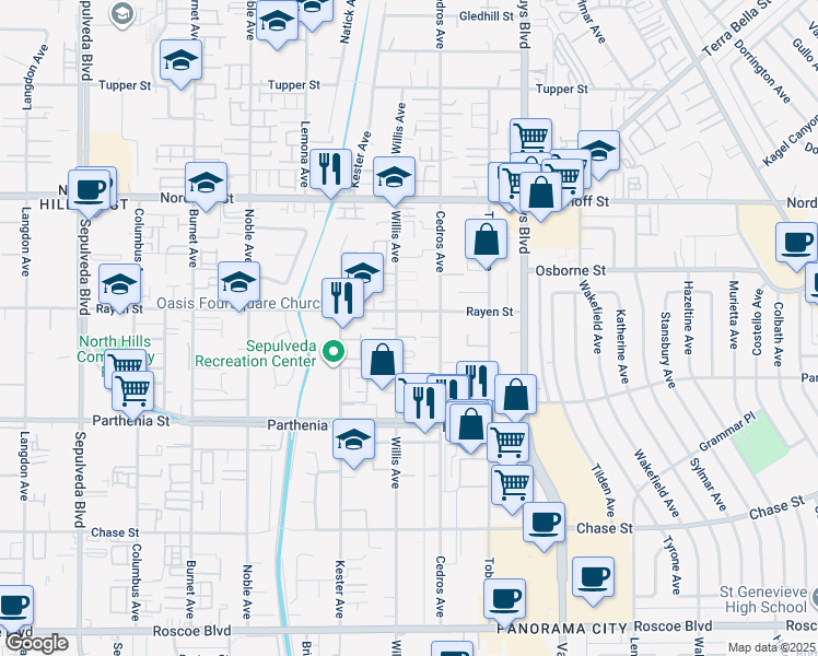 map of restaurants, bars, coffee shops, grocery stores, and more near 8846 Willis Avenue in Los Angeles