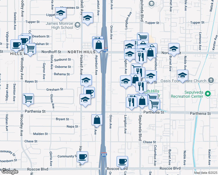 map of restaurants, bars, coffee shops, grocery stores, and more near 15566 Rayen Street in Los Angeles