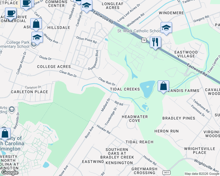map of restaurants, bars, coffee shops, grocery stores, and more near 5420 Clear Run Drive in Wilmington