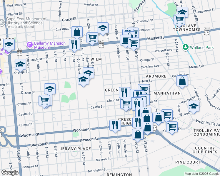 map of restaurants, bars, coffee shops, grocery stores, and more near 402 South 14th Street in Wilmington