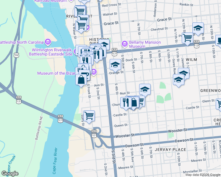 map of restaurants, bars, coffee shops, grocery stores, and more near 306 South 4th Street in Wilmington