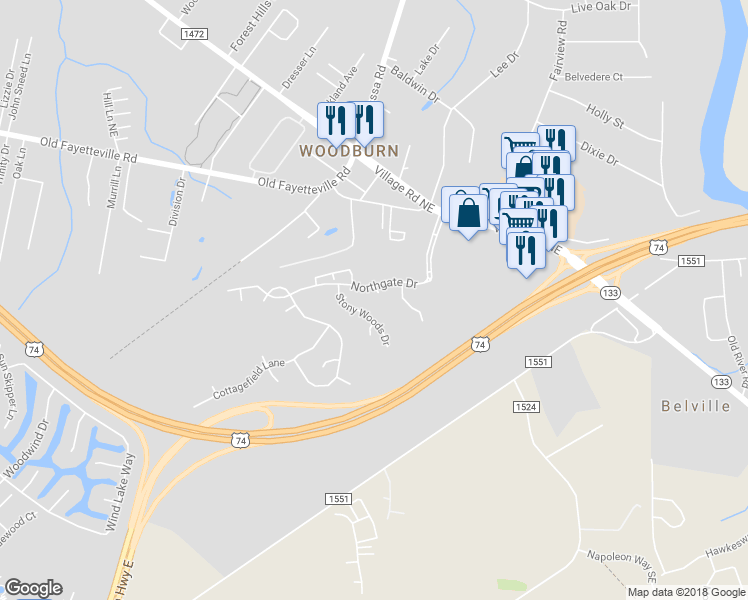map of restaurants, bars, coffee shops, grocery stores, and more near 1009 Dandy Court in Leland