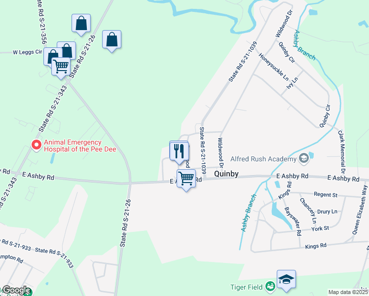 map of restaurants, bars, coffee shops, grocery stores, and more near 113 Dogwood Lane in Quinby
