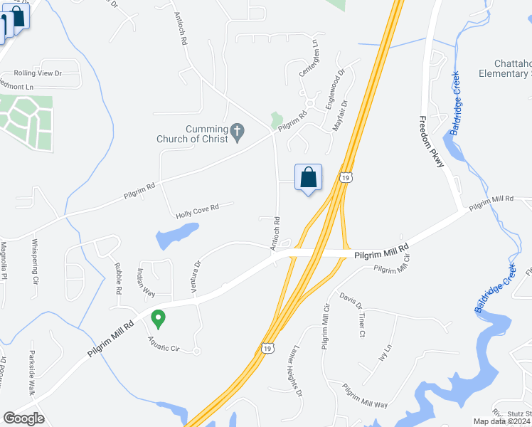 map of restaurants, bars, coffee shops, grocery stores, and more near 2700 Antioch Road in Cumming
