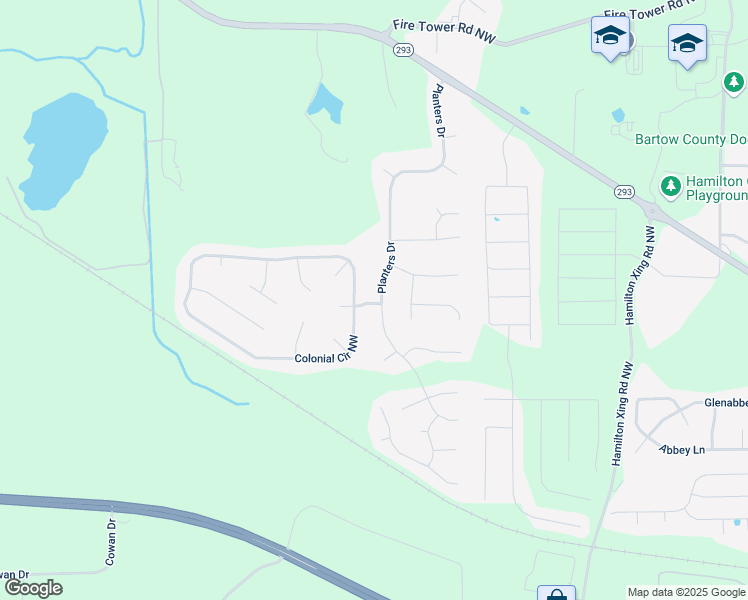 map of restaurants, bars, coffee shops, grocery stores, and more near 74 Planters Drive in Cartersville