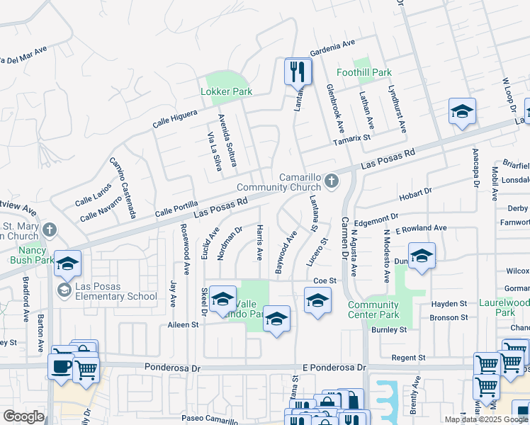 map of restaurants, bars, coffee shops, grocery stores, and more near 1360 Harris Avenue in Camarillo