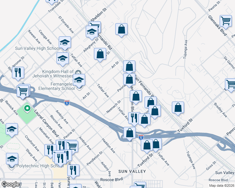 map of restaurants, bars, coffee shops, grocery stores, and more near 11800 Peoria Street in Los Angeles
