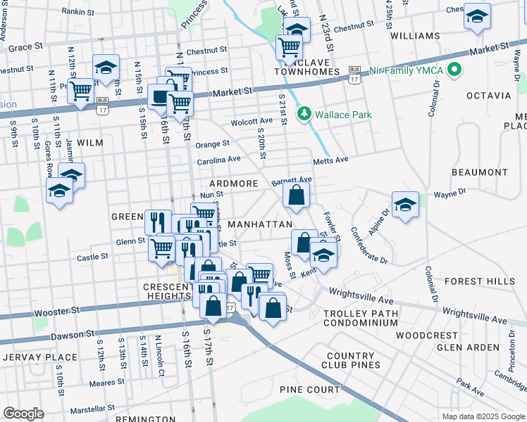map of restaurants, bars, coffee shops, grocery stores, and more near 1929 Hudson Drive in Wilmington