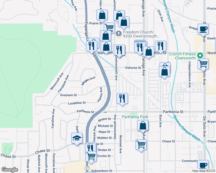 map of restaurants, bars, coffee shops, grocery stores, and more near California 27 in Los Angeles County