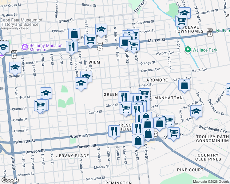 map of restaurants, bars, coffee shops, grocery stores, and more near 402 South 14th Street in Wilmington