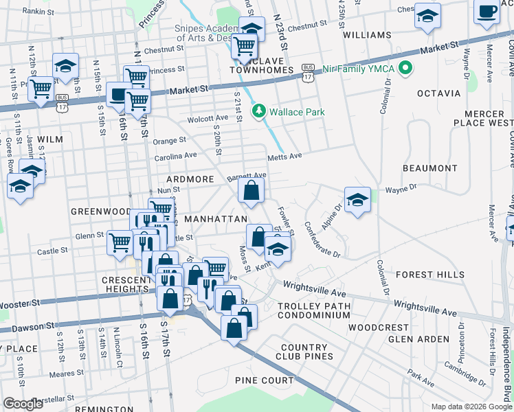 map of restaurants, bars, coffee shops, grocery stores, and more near 2020 Delgado Street in Wilmington