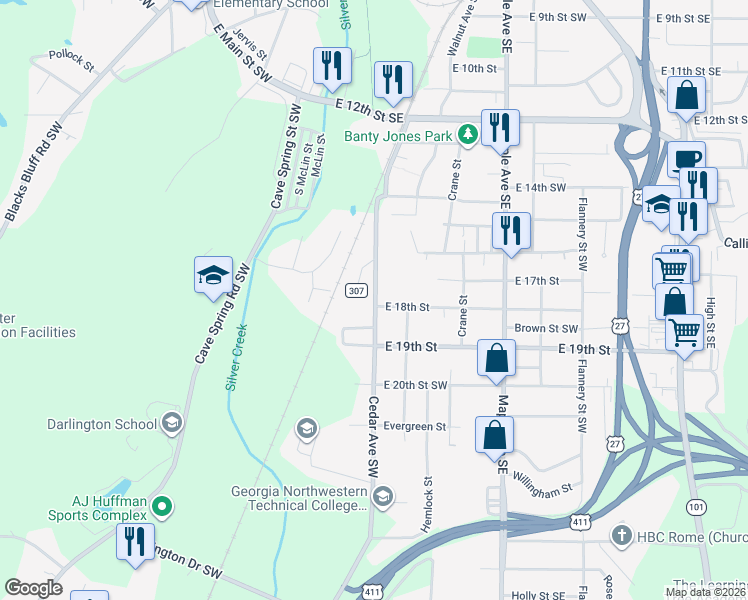 map of restaurants, bars, coffee shops, grocery stores, and more near 412 Cedar Avenue Southwest in Rome