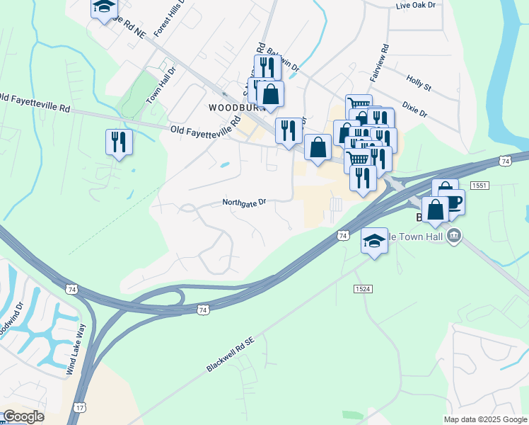 map of restaurants, bars, coffee shops, grocery stores, and more near 1019 Dandy Court in Leland