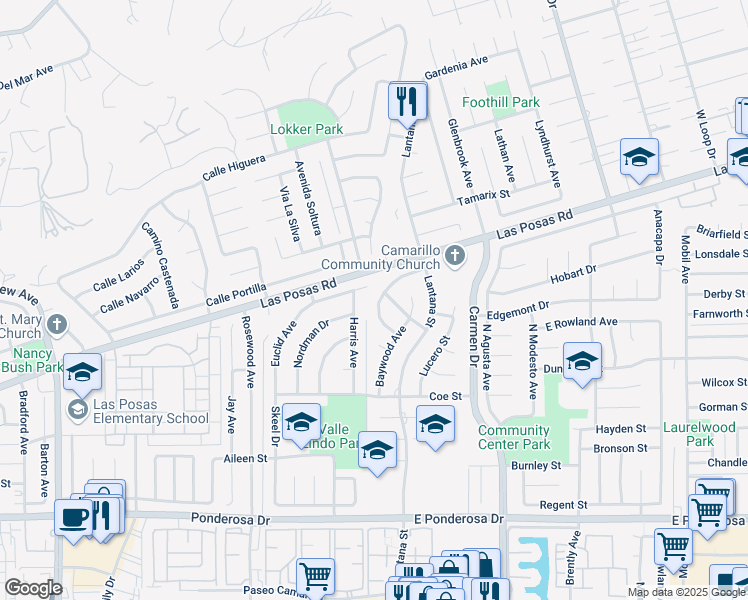 map of restaurants, bars, coffee shops, grocery stores, and more near 1085 Beechwood Street in Camarillo