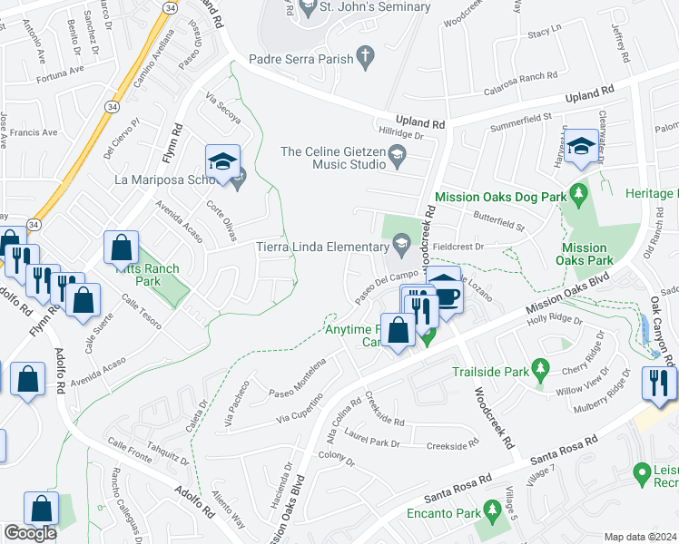 map of restaurants, bars, coffee shops, grocery stores, and more near 1295 La Culebra Circle in Camarillo