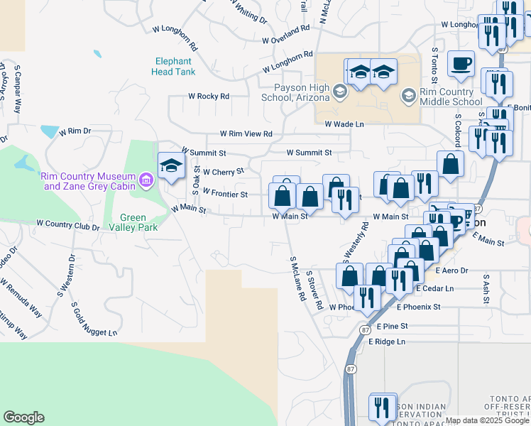 map of restaurants, bars, coffee shops, grocery stores, and more near 606 W Main St in Payson