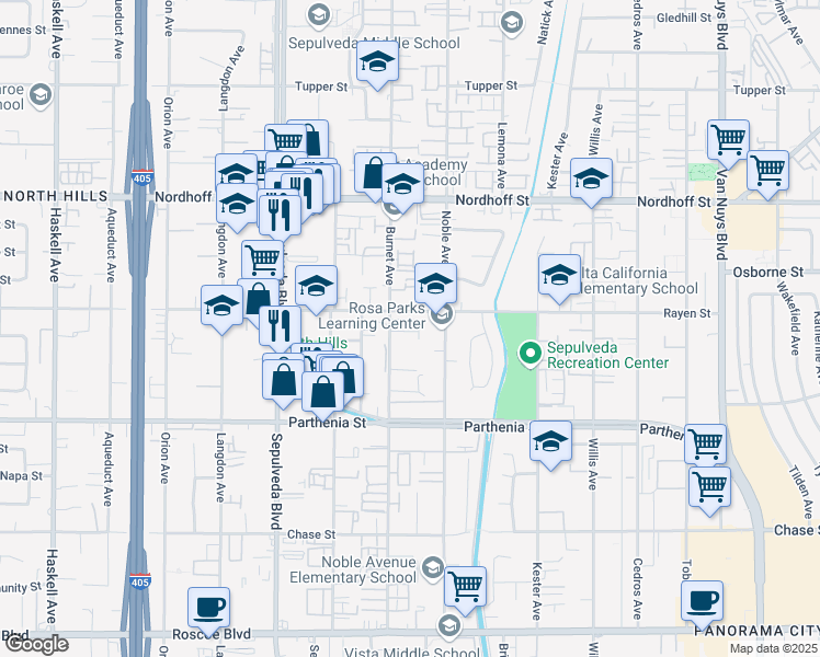 map of restaurants, bars, coffee shops, grocery stores, and more near 8850 Burnet Avenue in Los Angeles
