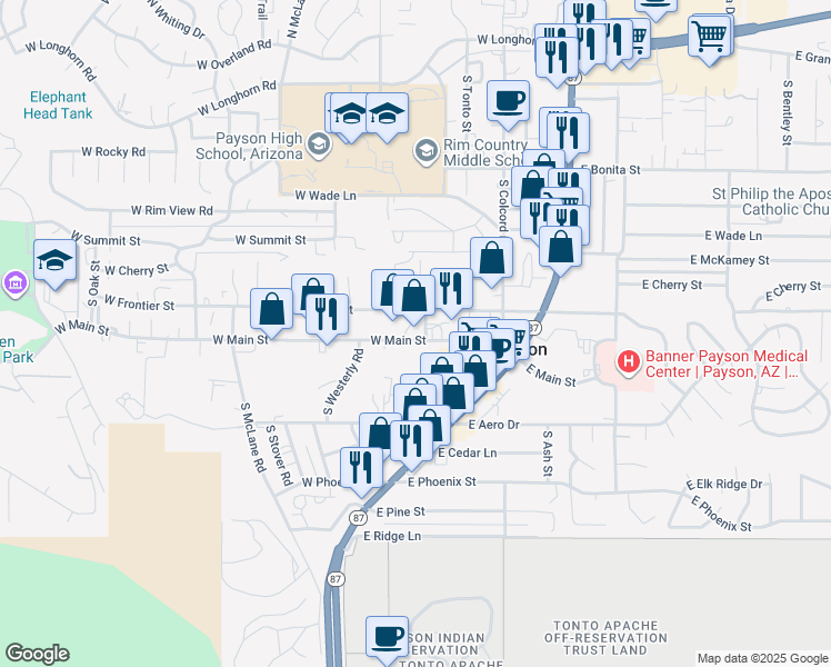 map of restaurants, bars, coffee shops, grocery stores, and more near 212 South Meadows Street in Payson
